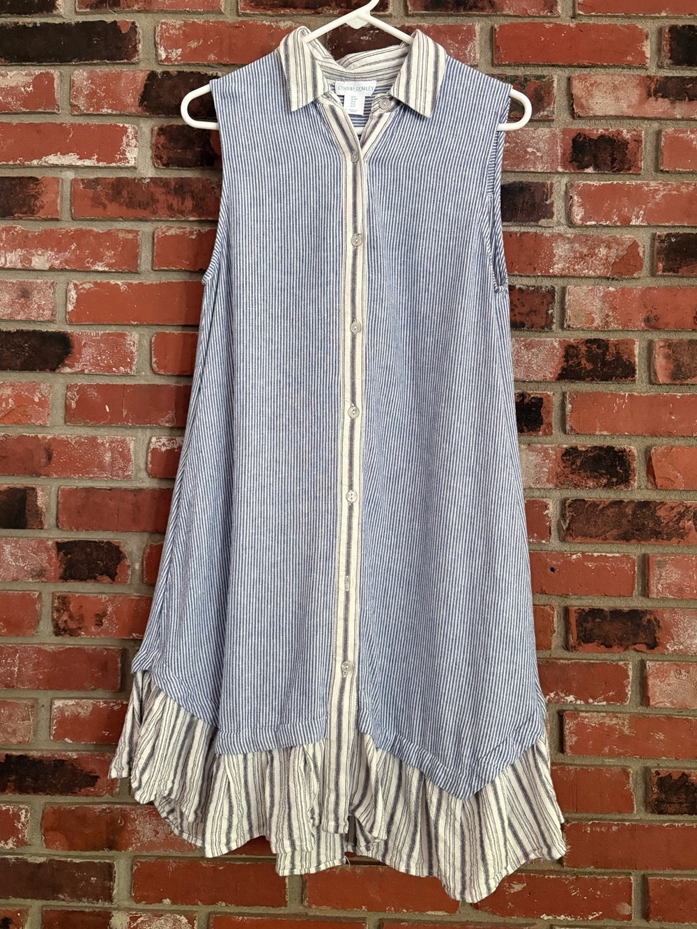 Cynthia Rowley Blue Striped Button Up Dress Ruffle Flounce Hem Lagenlook Sz S - Picture 2 of 10